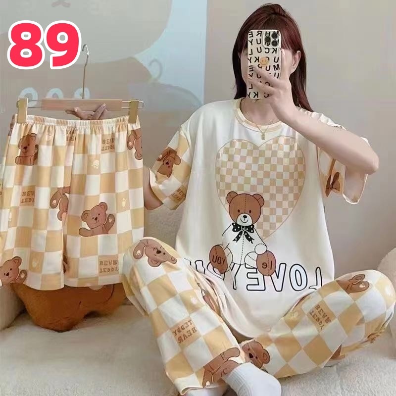 睡衣女夏季新款卡通三件套可爱简约休闲圆领家居服套装可外穿|undefined