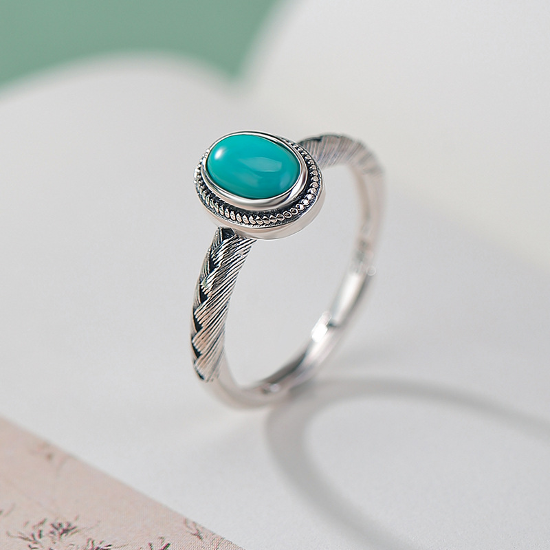 Yilu Silver Turquoise S925 Sterling Silver Vintage Egg Face Hình bầu dục bện răng Nhẫn Cung cấp xuyên biên giới — một mảnh