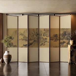 New Chinese-Style Folding Fabric Screen Partition for Living Room Entrance, Tea Room Background Wall Decoration, Landscape Folding Screen