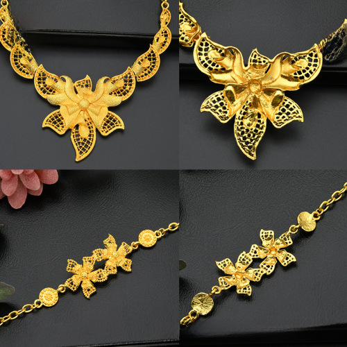 24K Dubai Gold Jewelry Set for Brides - Necklace, Bracelet, Earrings, and Ring - Four-Piece Set, African Women's Jewelry Set - Wholesale
