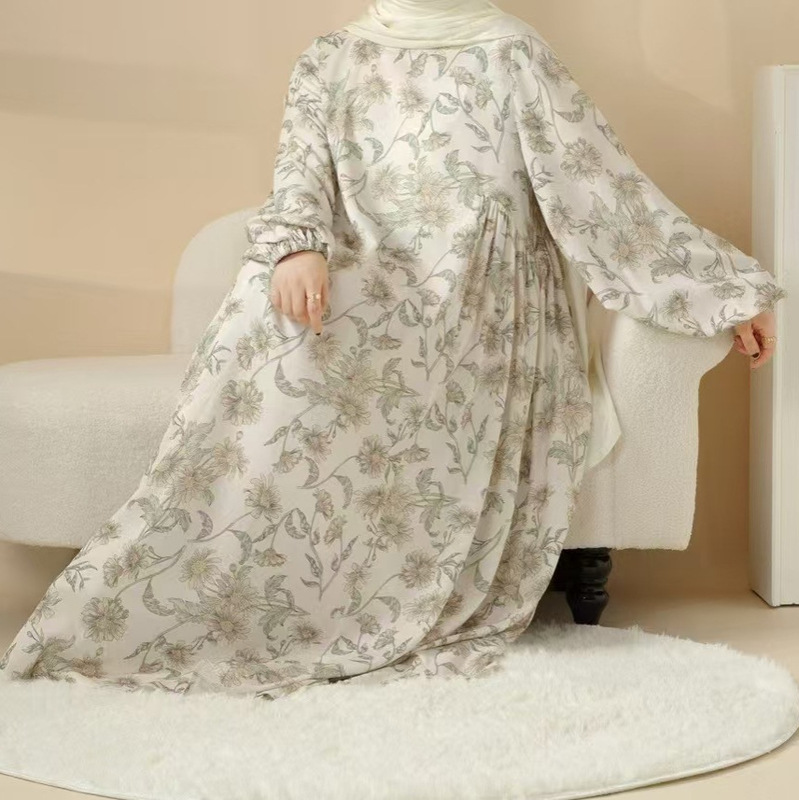 New Floral Print Elastic Sleeve Long Dress, Fashionable and Elegant, Loose-Fitting with a Large Hem, Direct Supply from the Source Factory