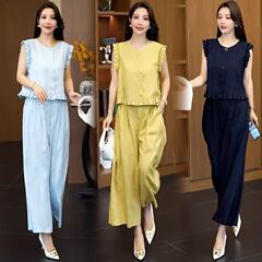 大码时尚套装女2025夏季新款洋气显瘦短袖上衣阔腿裤休闲两件套潮