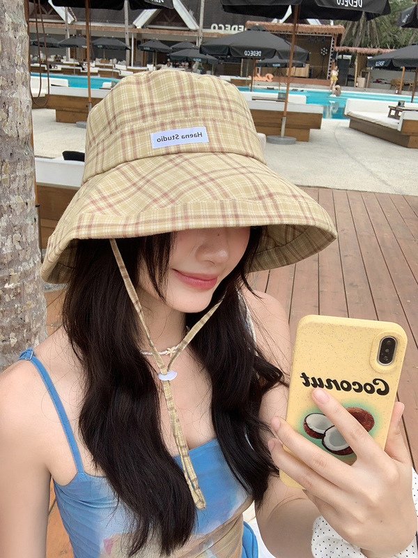 春と夏の新しいチェック柄旅行日焼け止め漁師帽子女性のための 2025 新しい小さな新鮮な顔が見える小さな日よけ帽子盆地帽子|undefined