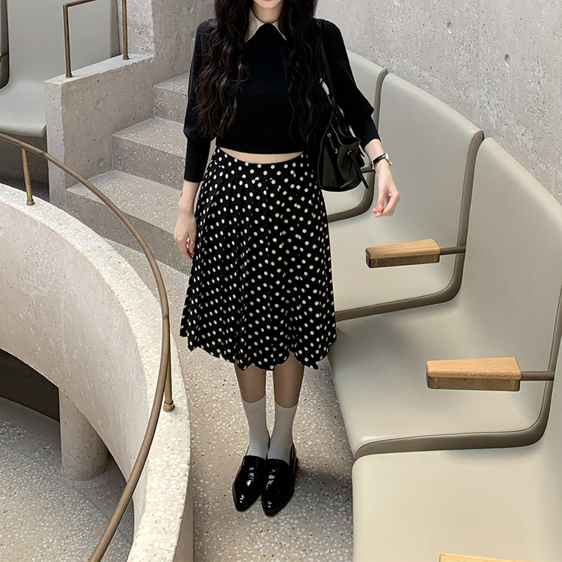 黑色长袖针织衫女早秋修身显瘦简约百搭休闲翻领上衣|undefined