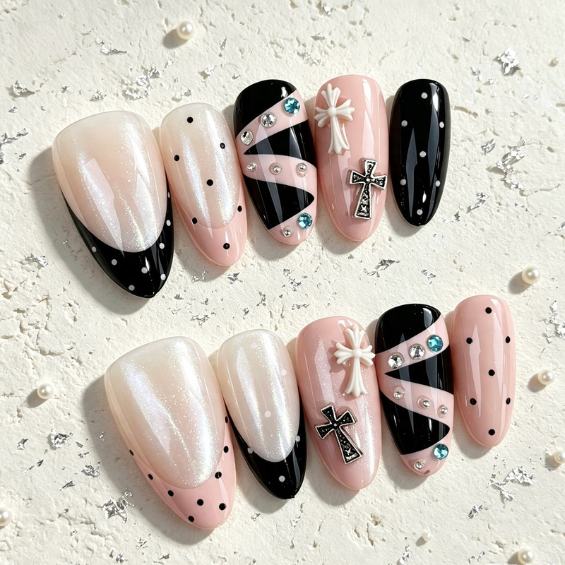 Y2K Black Pink French Chrome Heart Almond Press-On Nails Sweet Cool Cross-Border European and American Ins Glass Bead Cat Eye Nail Stickers