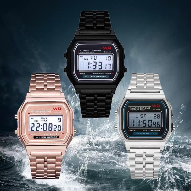 Цифковые часы F91W, стальной браслет, LED-дисплей, водостойские модные часы