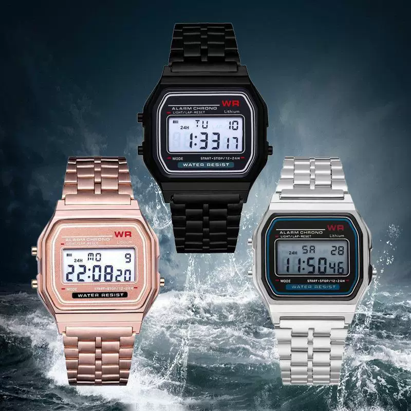 Цифковые часы F91W, стальной браслет, LED-дисплей, водостойские модные часы