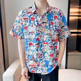 2024满印卡通短袖衬衫男潮牌夏季薄款叮当猫衬衣沙滩度假情侣外套
