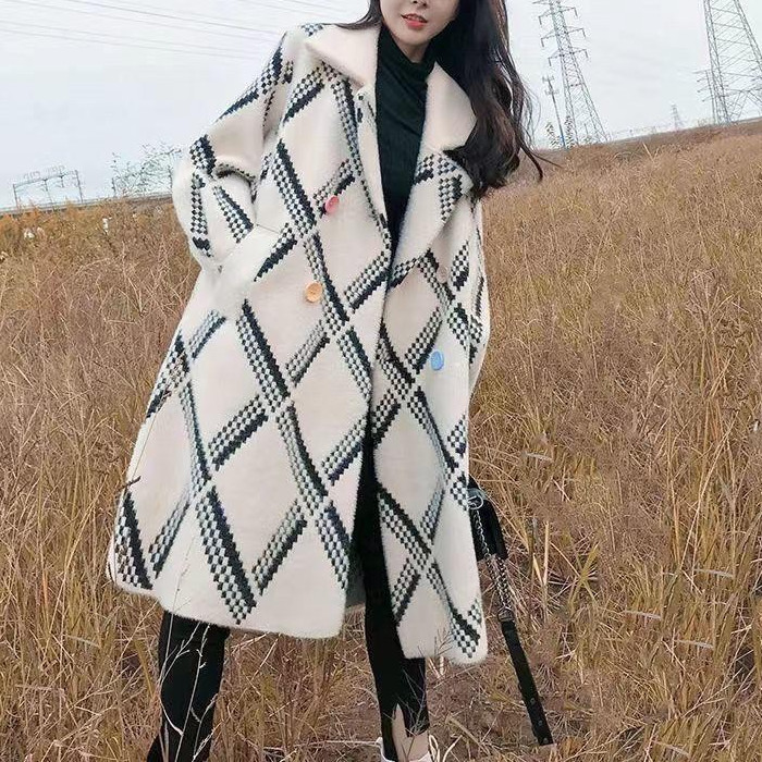 Suit collar mid-length mink velvet women's coat thickened autumn and winter New knitted cardigan loose all-match top western style