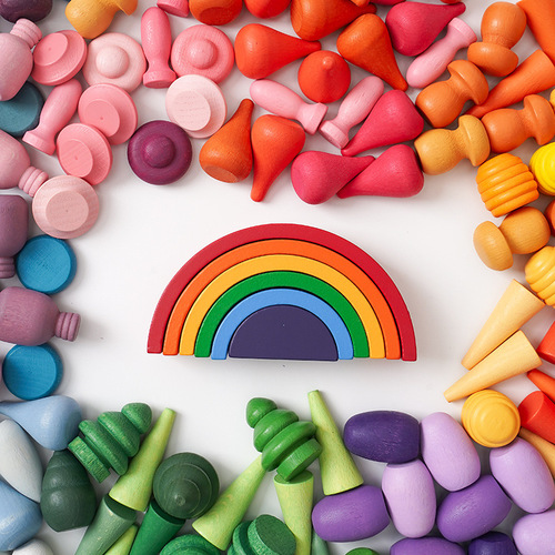 Wooden children's open-ended creative four-season themed cute construction rainbow building block combination set toy