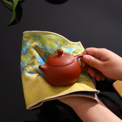 Factory wholesale deer skin velvet tea towel bag kettle towel ancient style thickened printed painted tea cloth water absorption no shedding tea pad 