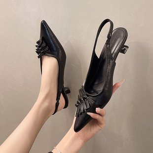 Pointed Mid-Heel Thin Heel Sandals Women's 2025 Spring and Summer New Mid-Heel Shoes Rear Empty Shoes Bow Women's Shoes
