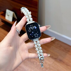 二列のダイヤモンドとパールをあしらったメタル製の腕時計バンド。Apple Watch Series 8/9/10、Huawei GT5、Fit4、Xiaomiの細身の腕時計バンドに適しています。