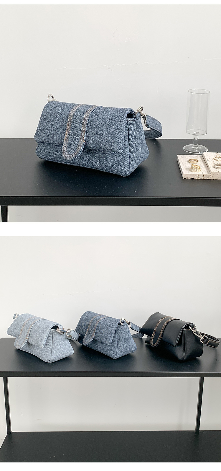 Nuova versione coreana del denim con effetto invecchiato di alta qualità, spalla singola da donna, design di nicchia, ascella in pelle PU_voghion.com