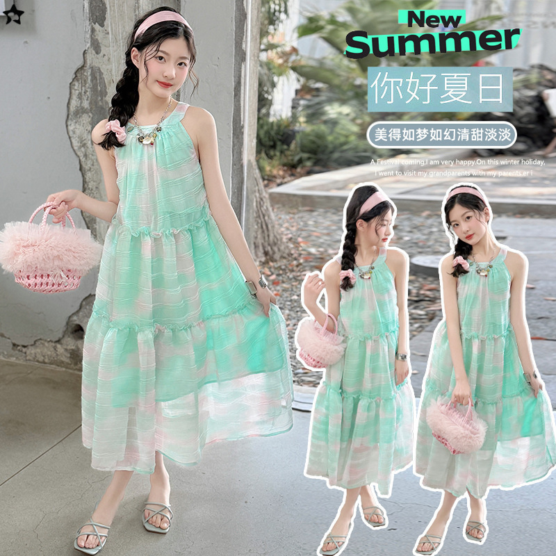Girl's Skirt Summer 2025 New High-end Sense Summer Neck Strap Princess Skirt Summer dress Seaside Vacation