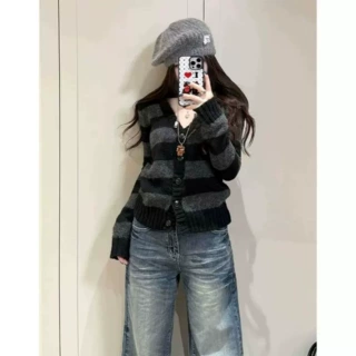 美式复古条纹V领针织衫女春秋新款修身显瘦软糯开衫长袖毛衣外套