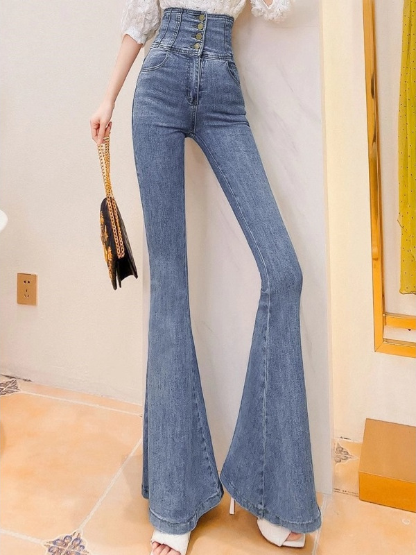 Ultra-High-Waisted Buttoned Drapey Bootcut Jeans for Women, New Summer Trousers, Elastic Slimming Fishtail Loose Bell-Bottom Pants