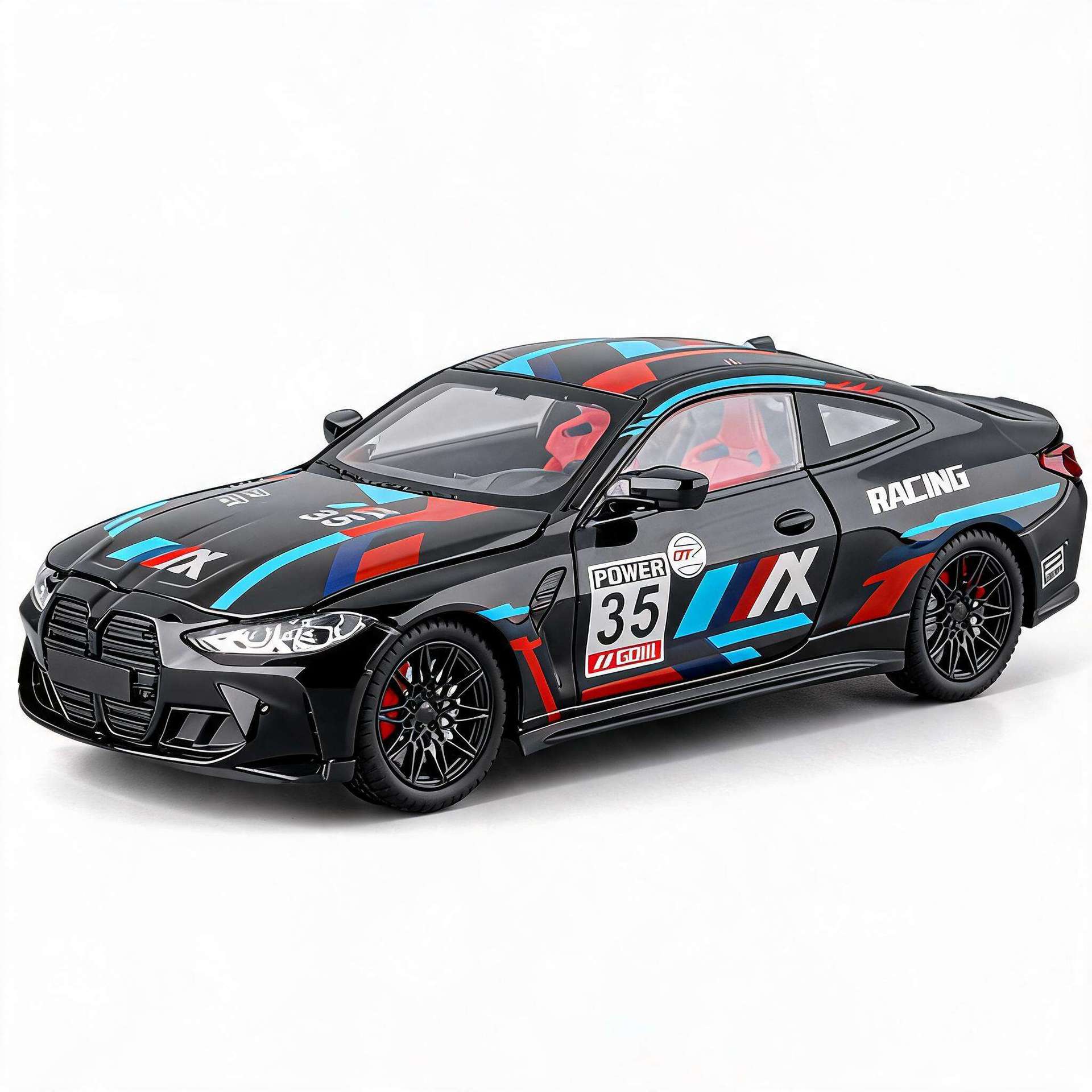 1: 24 BMW M4 modelo de automóvil de aleación de flores de retroalimentación de sonido y luz evento especial de flores de dibujo creativo regalo de acompañante para chicos