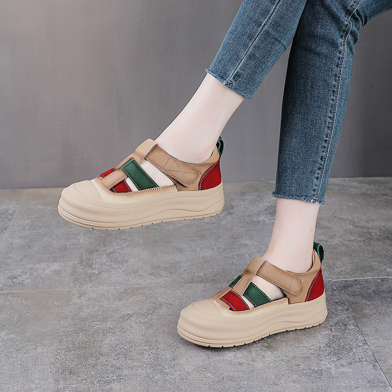 Giày lười nữ da bò đục lỗ đế dày Velcro — Màu vàng