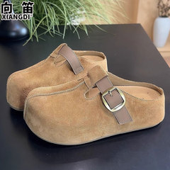 牛反绒勃肯鞋子女厚底外穿包头半拖鞋2025秋季新款一脚蹬懒人单鞋