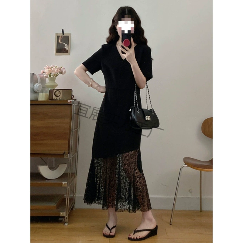 2025夏季新款气质长裙子大码法式轻奢感V领蕾丝连衣裙女