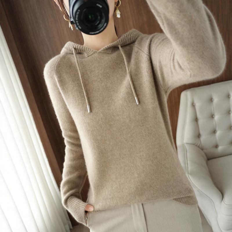 Cross-Border Wholesale Autumn and Winter New Hooded Knit Sweater for Women, Loose Solid Color Pullover Sweater, Long-Sleeve Hoodie Top, Base Layer