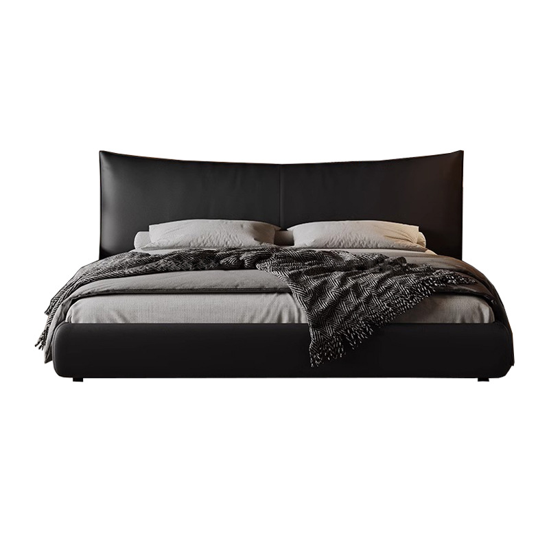Cama de cuero minimalista italiana Chanel, primera capa de cuero de vaca, cama doble, cama de cuero suave negra de 1.8 m