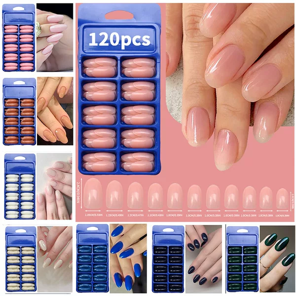 Wearable Nail Patch 120 Pieces Small Blue Box Nail Art Patch Solid Color Medium Long Cross-Fake Nail Patch Wearable Nail Finished Fake Nails