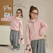 面包仔女童冬款加绒加厚元气少女加绒粉嫩嫩羊羔绒连帽卫衣