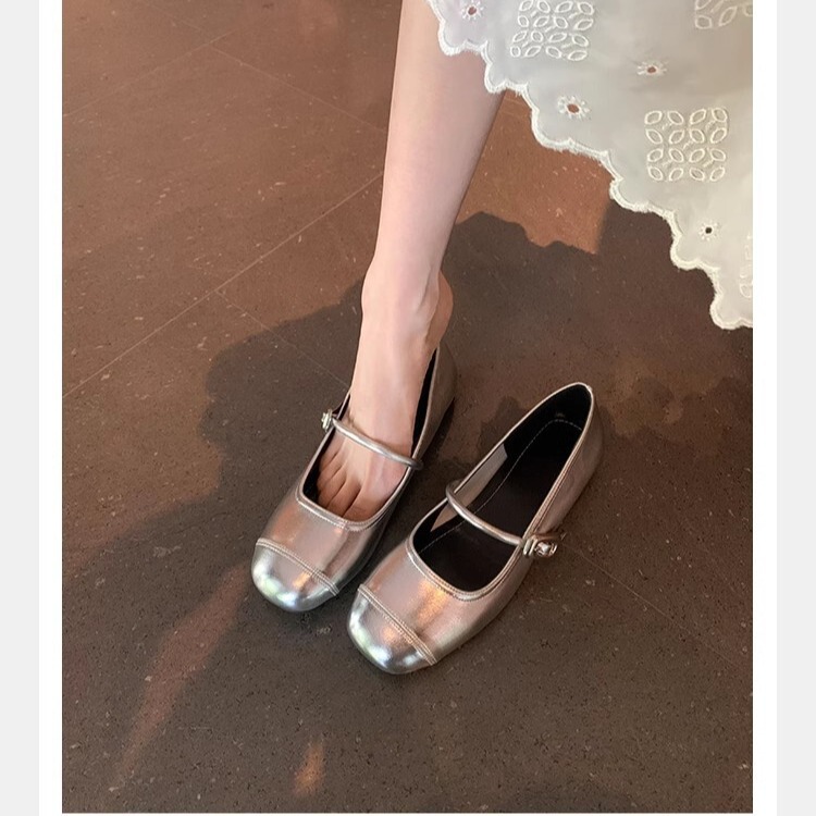 Grape Mom's Same Style Round Toe Shallow Mouth Silver Small Leather Shoes Flats Bottom Inner Heightening Soft Sole Mary Jane Flats Women's Genuine Leather