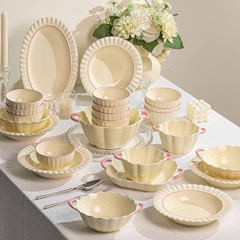 French Dishware Set for Home Use 2025 New High-Looking Bowls, Chopsticks and Plates Cream Style Ceramic Tableware for Housewarming