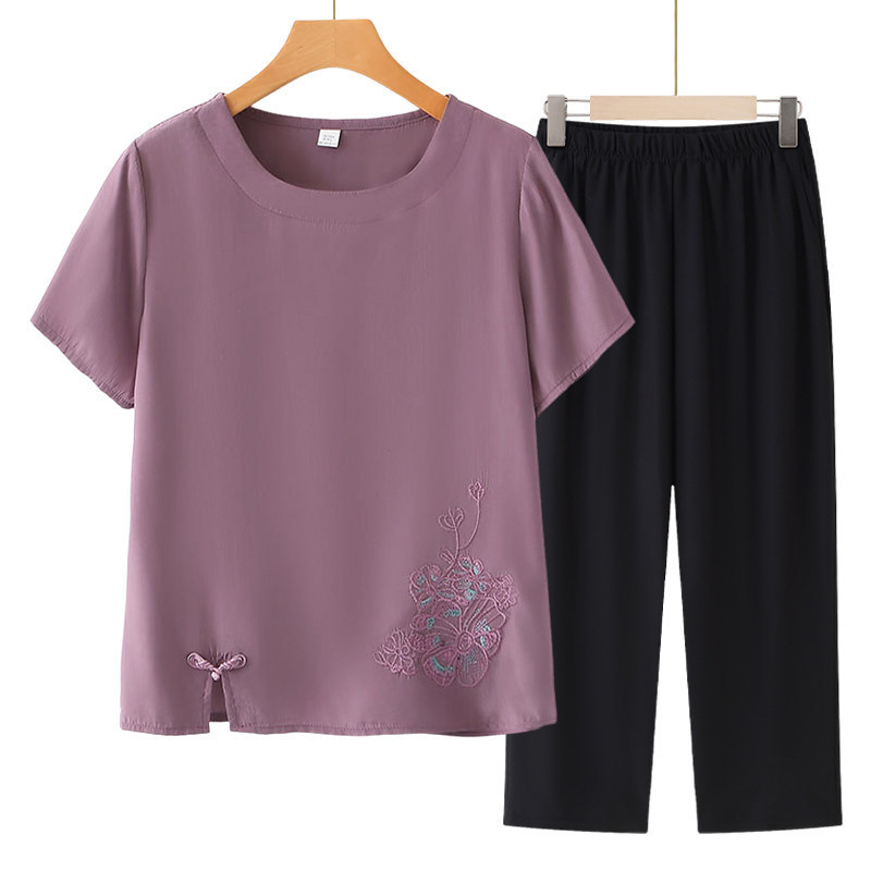 Mom's Summer Outfit, Pure Cotton Short-Sleeve Set, Stylish Loose T-Shirt Top for Middle-Aged and Elderly Women, Cotton-Linen Two-Piece Grandma Outfit