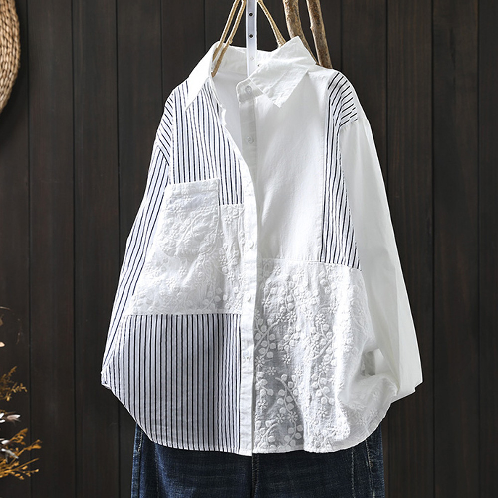 日系森女竖条纹长袖衬衫女宽松显瘦秋韩版休闲百搭单排扣上衣