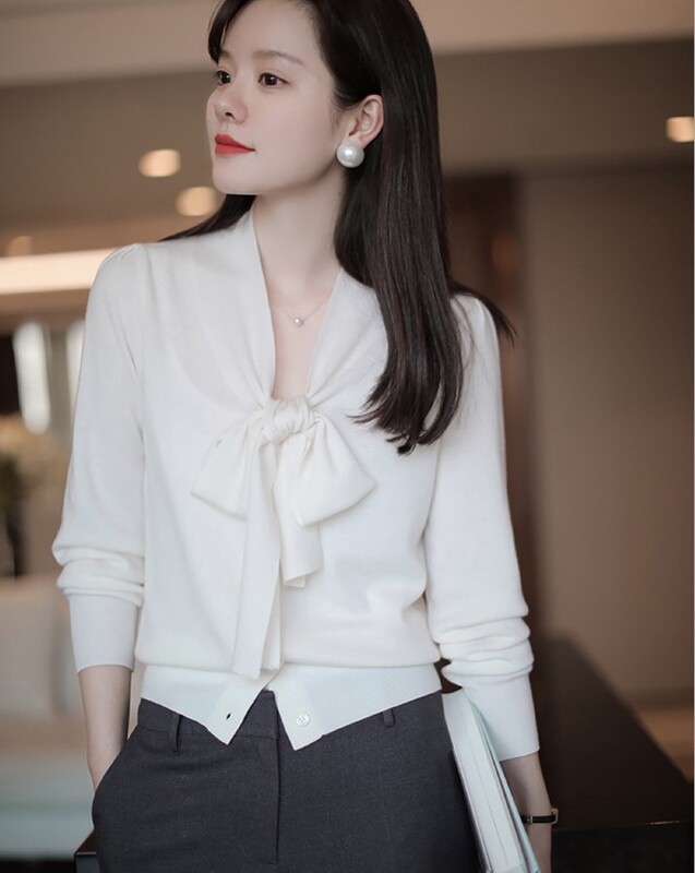 Autumn 22 years soft and smooth soft white shirt ribbon sweater wool blend knitted cardigan Autumn 22 years soft and smooth soft white shirt ribbon sweater wool blend knitted cardigan