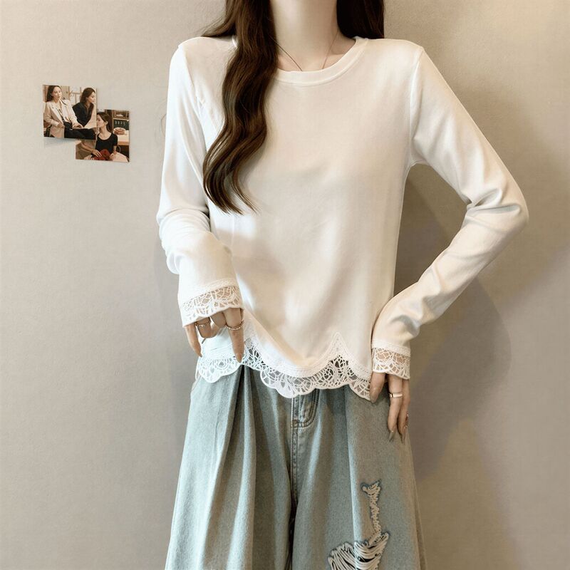 Lace Splicing Pure Cotton Long-Sleeved T-Shirt Plus Size Women's Spring New Style Slimming White Inner Top for Fat Women That Covers the Belly Lace Splicing Pure Cotton Long-Sleeved T-Shirt Plus Size Women's Spring New Style Slimming White Inner Top for Fat Women That Covers the Belly