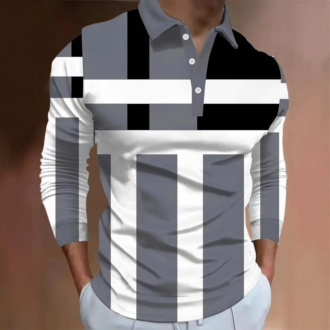 Color de contraste geométrico simple impresión 3D hombres primavera y otoño negocio suelto manga larga transpirable botón cuello POLO camisa en stock