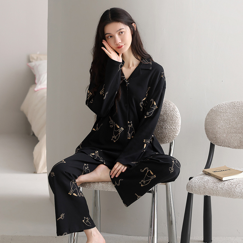 [Algodón puro] 40 pijamas de doble cara para mujer, primavera, otoño e invierno, nuevo estilo de manga larga con almohadilla para el pecho, traje de servicio a domicilio que se puede usar afuera