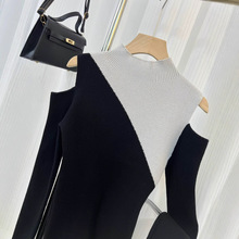 半高领撞色针织连衣裙女秋冬性感包臀姐姐小妈裙打底内搭毛衣裙子