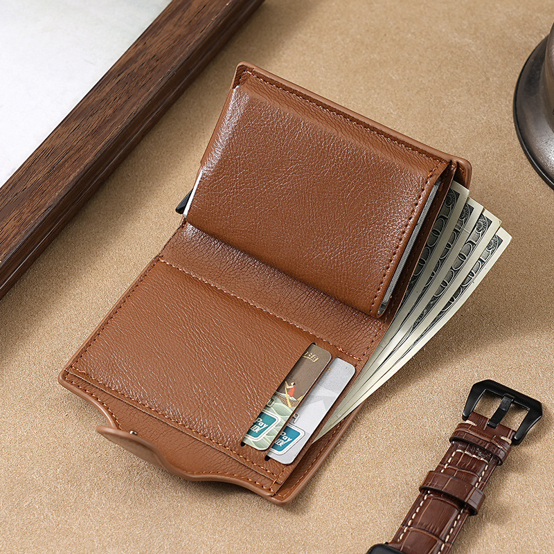 RFID anti-robo cepillo cartera multifuncional buckle mujer cartera PU doble metal cartera de hombre cartera de tarjetas cartera