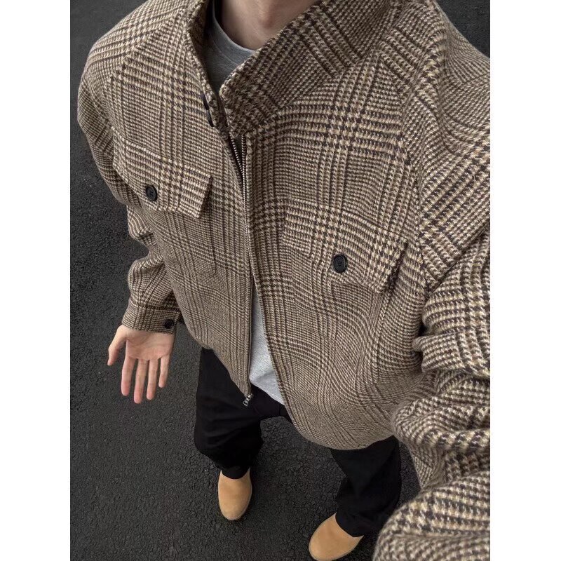 American Style Retro Houndstooth Jacket Men's Autumn and Winter Maillard Wear Harrington Jacket Short Vertical Collar Woolen Jacket American Style Retro Houndstooth Jacket Men's Autumn and Winter Maillard Wear Harrington Jacket Short Vertical Collar Woolen Jacket