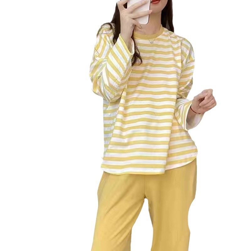 ストライプの長袖のズボンのパジャマの女性の春秋のシンプルなカジュアルなゆったりとした学生の部屋の服は外で胸当てを着ることができます。|undefined