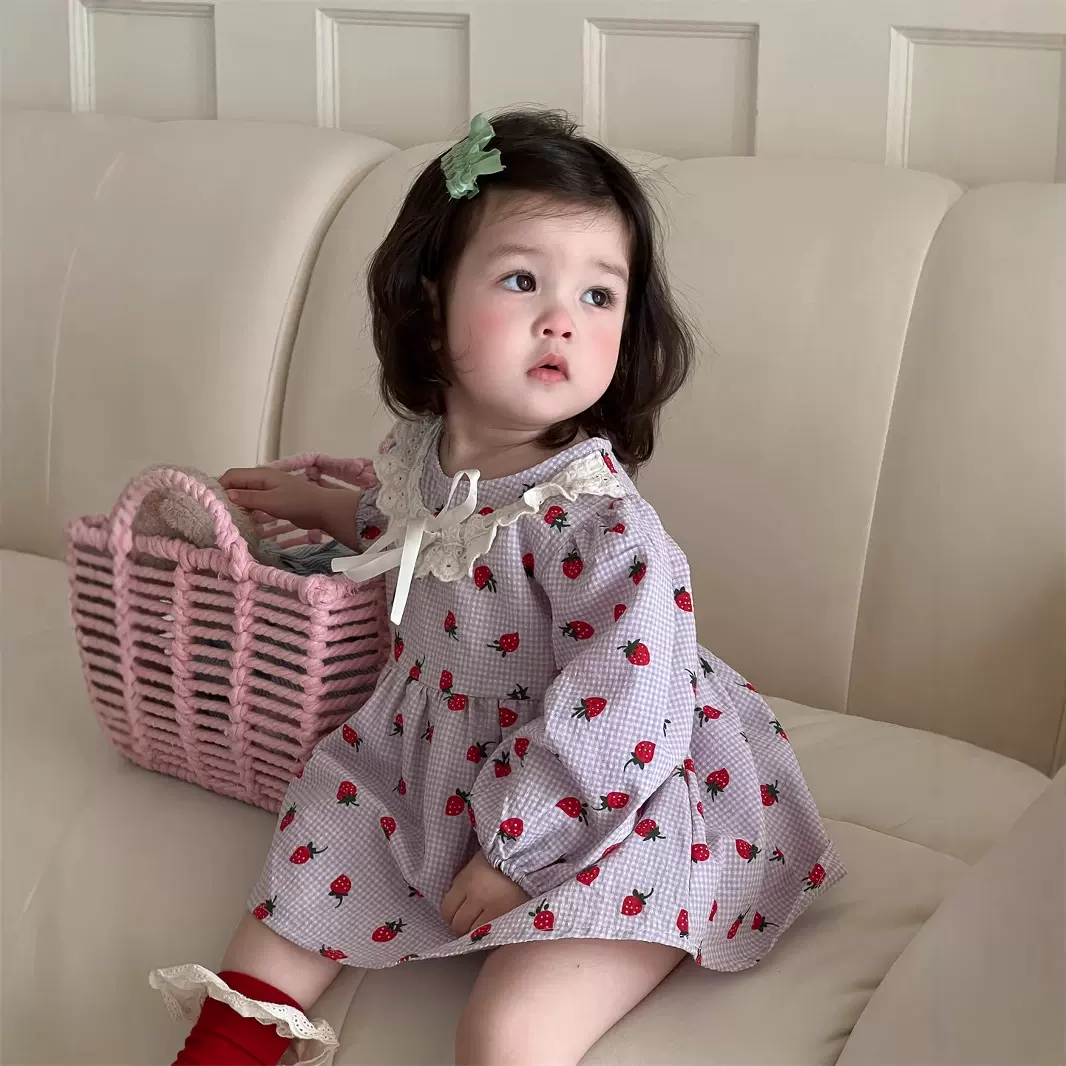 儿童秋款衣服韩版童装宝宝花边包屁连衣裙女童秋季裙子草莓公主裙