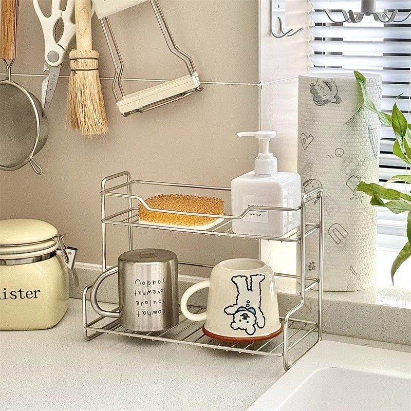 Stainless Steel Storage Rack Spice Rack Dormitory Petty Bourgeoisie Coffee Cup Storage Rack Bathroom Toilet Double-Layer Multi-Functional Rack