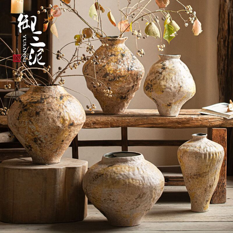 Jingdezhen Rustic Pottery Handmade Wabi-Sabi Zen-Style Living Room Flower Arrangement Decoration Tabletop Ceramic Vase Dried Flower Vase