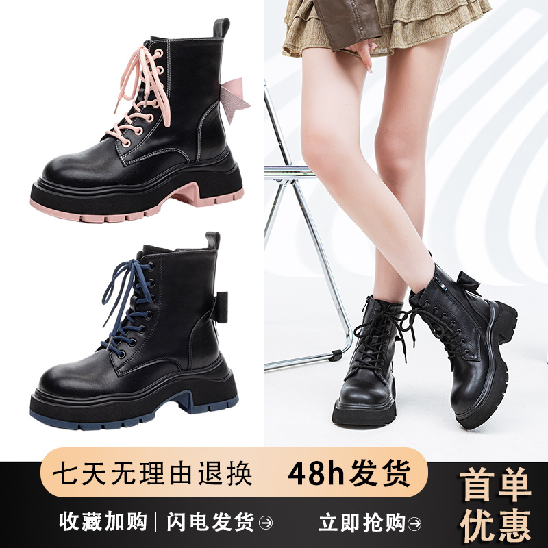 Bow British Style Thick-Soled Boots for Women 2025 Autumn and Winter New Boots Platform Thick Heel Black Short Boots for Women