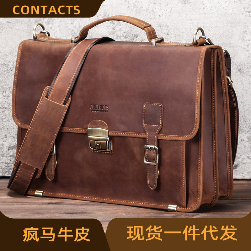 Black Angel Leather Briefcase Can Hold 14inch Laptops, Men's Business Briefcase, Genuine Leather Men's Bag for Business Commuting