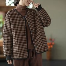 冬装新款文艺复古格子加厚棉麻夹棉外套女棉服