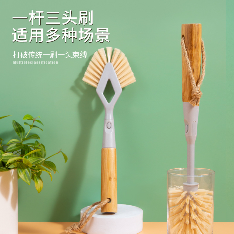One-Handle Three-Head Cup Brush, Gap Cleaning Brush, Pot and Bowl Brush, Household Long-Handled Bamboo Soft-Bristle Cleaning Brush, Wholesale Gap Brush