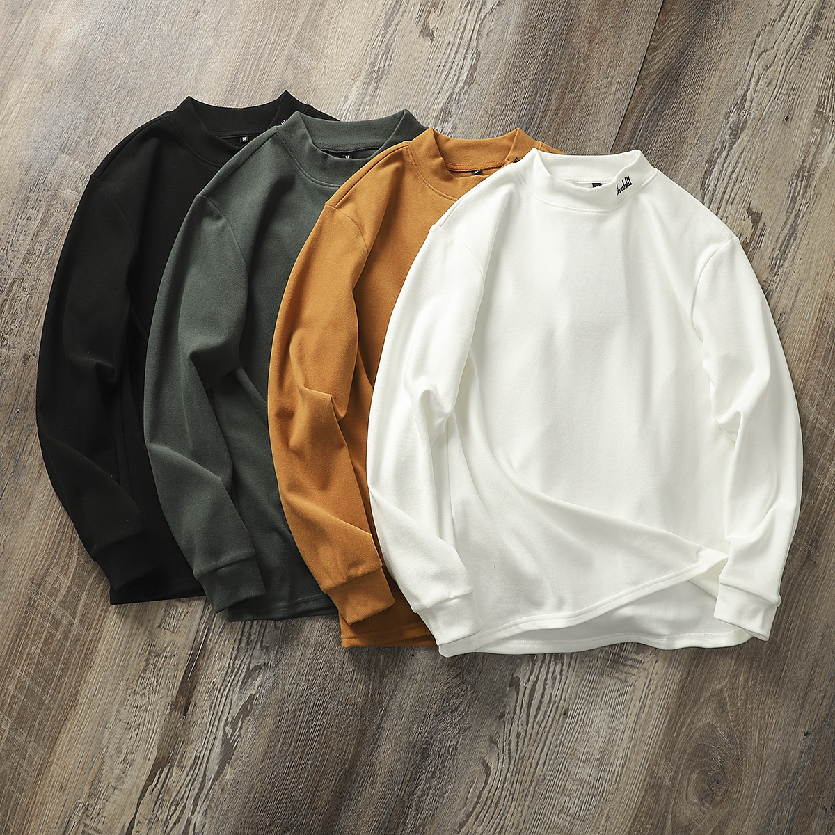 명품 대용! 2025년 봄 남성용 하프 터틀넥 자수 양면 독일산 극세사 보온 긴팔 티셔츠 이너웨어