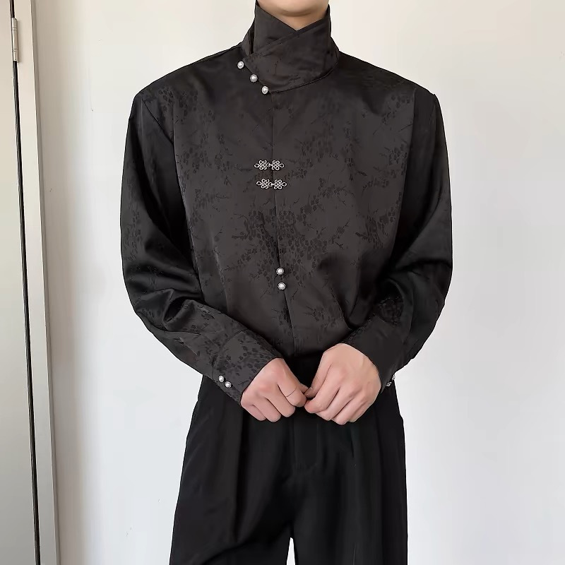 National Trendy Chinese Style Metal Button Collar Long Sleeve Shirt Men's and Women's Jacquard Couple's Loose Shirt for Men and Women